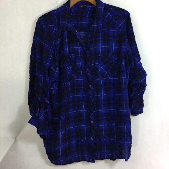 Torrid Womens Challis Plaid Long Sleeve Button Up Blouse Blue Plus Size 4X - Picture 8 of 8